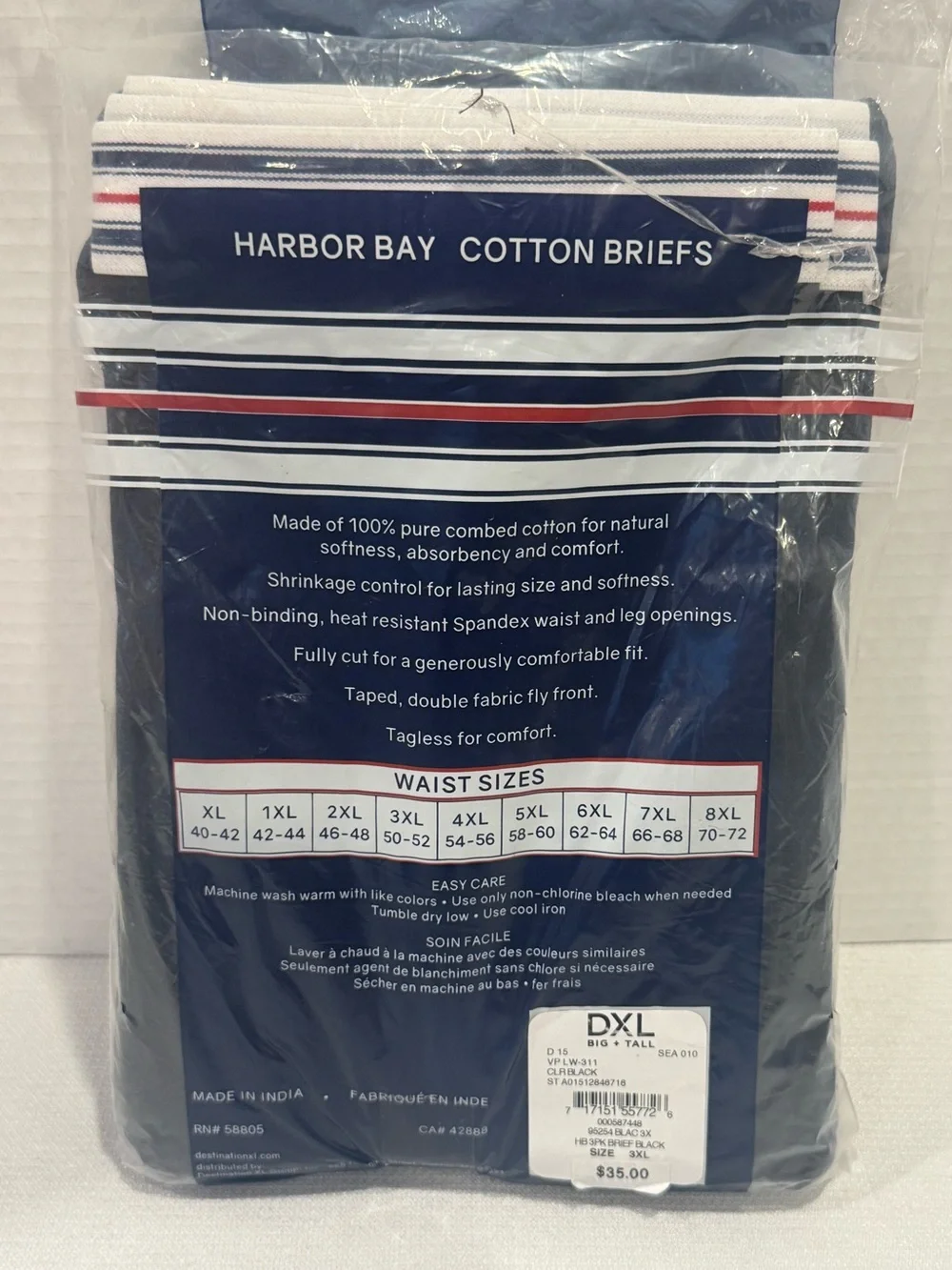 Harbor Bay HB 3XL (50-52) Cotton Briefs 3 Pack, Black, Big & Tall NEW
